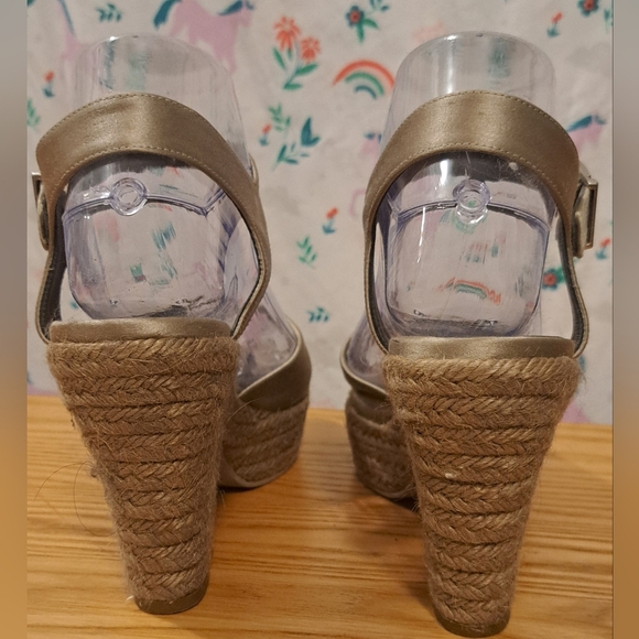 Castaner Metallic Gold Silk & Jute Wedge Boho Neutral Peep Toe Heel Shoe SZ 38 - Picture 5 of 9